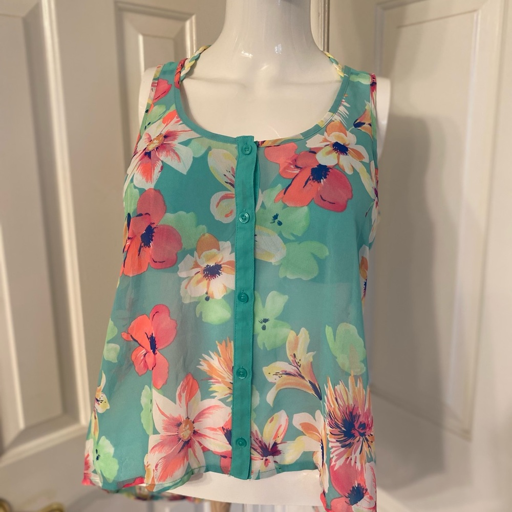Candie's Sheer Floral Tank Top Teal and Pink NWT  Sz XS